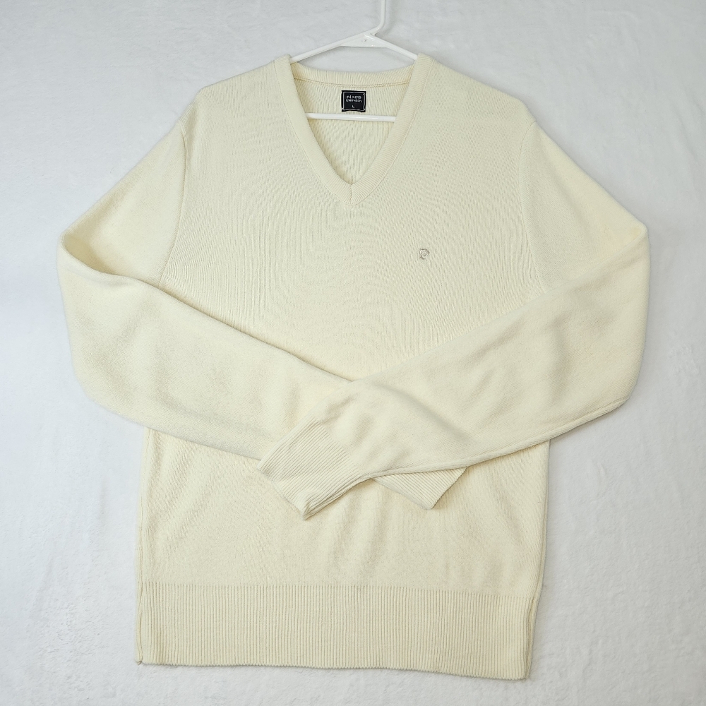 Pierre Cardin Men's Large V-Neck Pullover Sweater Ivory Off-White Vintage VNTG